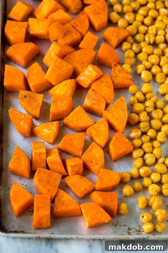Roasted sweet potatoes and chickpeas.