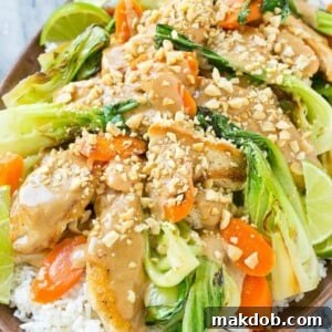 A dynamic image of Thai peanut chicken, a quick and easy stir-fry featuring perfectly seared chicken and a vibrant array of colorful vegetables, all coated in a rich homemade peanut sauce.