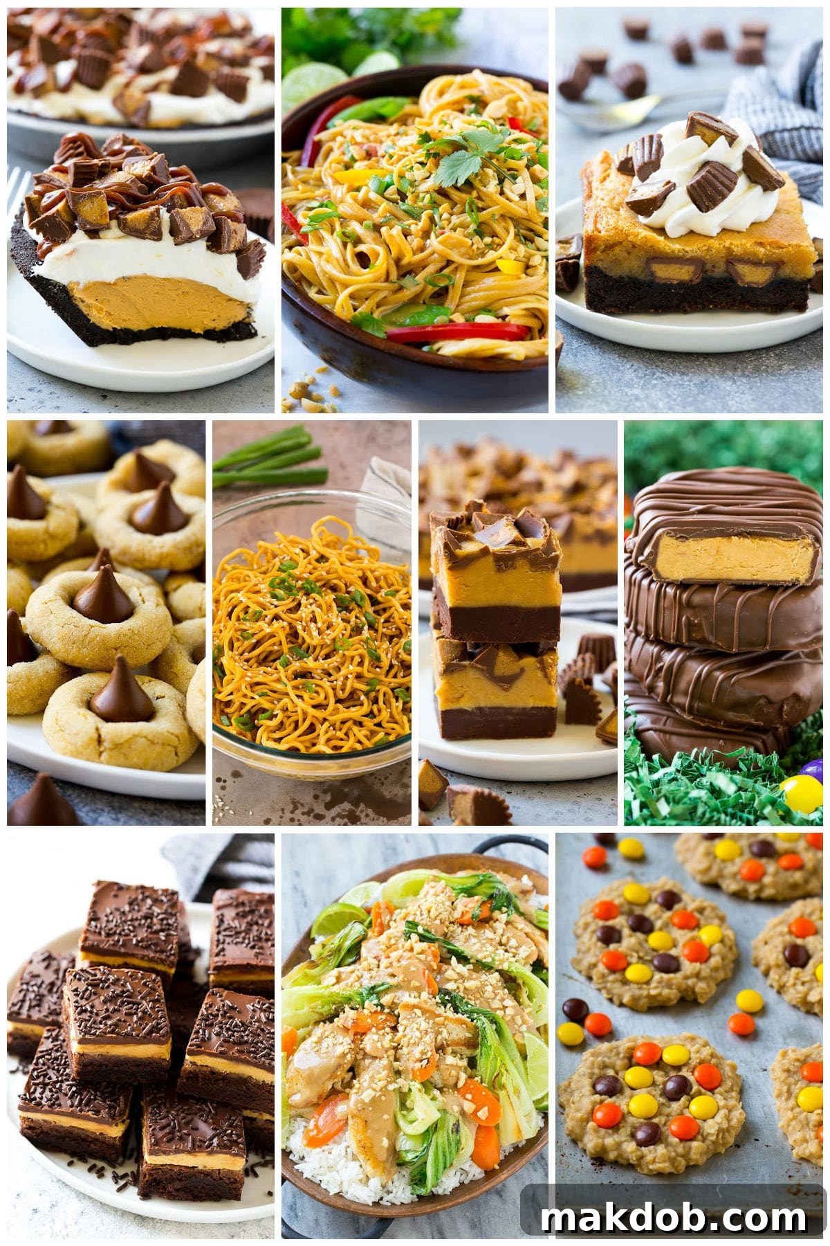 A diverse assortment of peanut butter culinary delights, including rich chocolate peanut butter pie and savory sesame noodles, illustrating the ingredient's versatility.