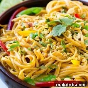 A vibrant bowl of Thai peanut noodles, brimming with colorful fresh vegetables and coated in a delectable homemade peanut sauce, showcasing a quick and healthy meal option.