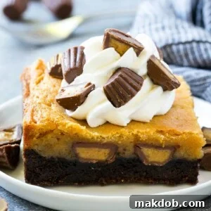 A generous slice of Peanut Butter Chocolate Gooey Butter Cake, exquisitely topped with whipped cream and a sprinkle of chopped peanut butter cups, promising a truly decadent experience.