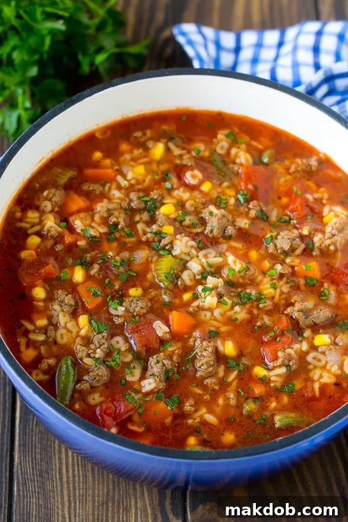 Alphabet Soup Recipe | Hamburger Soup | Beef and Vegetable Soup #soup #hamburger #noodles #dinner #dinneratthezoo #carrots A pot of alphabet soup with ground beef and vegetables simmering in a hearty tomato broth.