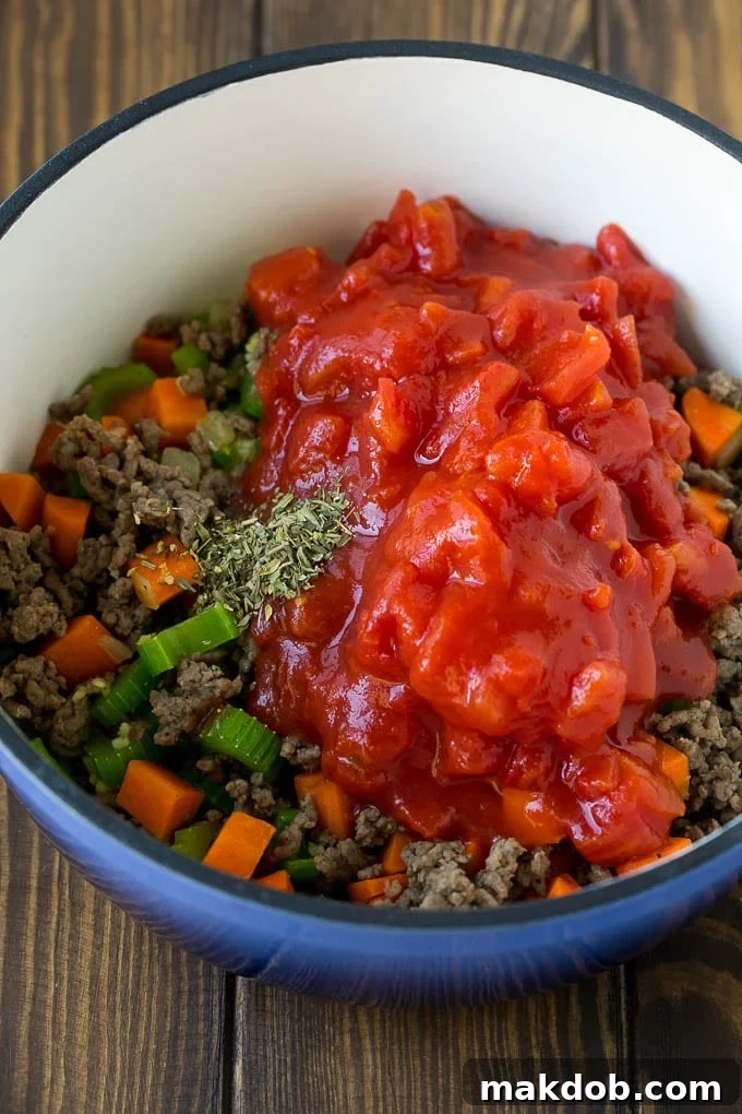 Ground beef, vegetables, canned tomatoes and seasonings in a pot.