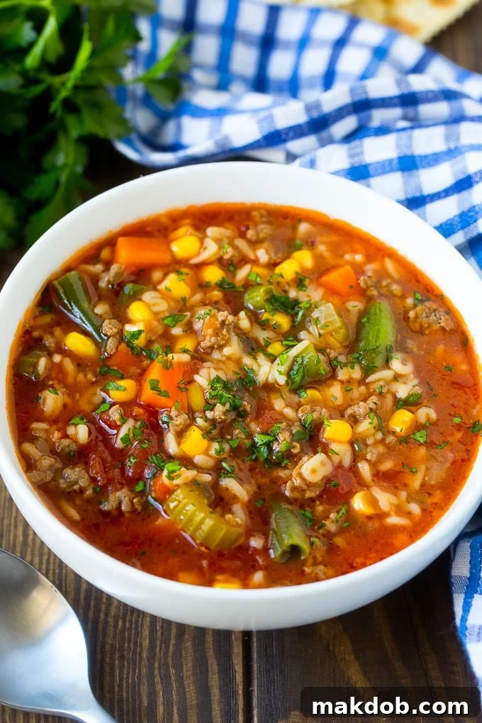 Alphabet Soup Recipe | Hamburger Soup | Beef and Vegetable Soup #soup #hamburger #noodles #dinner #dinneratthezoo #carrots A bowl of alphabet soup with beef and vegetables in a hearty tomato broth, garnished with fresh parsley.