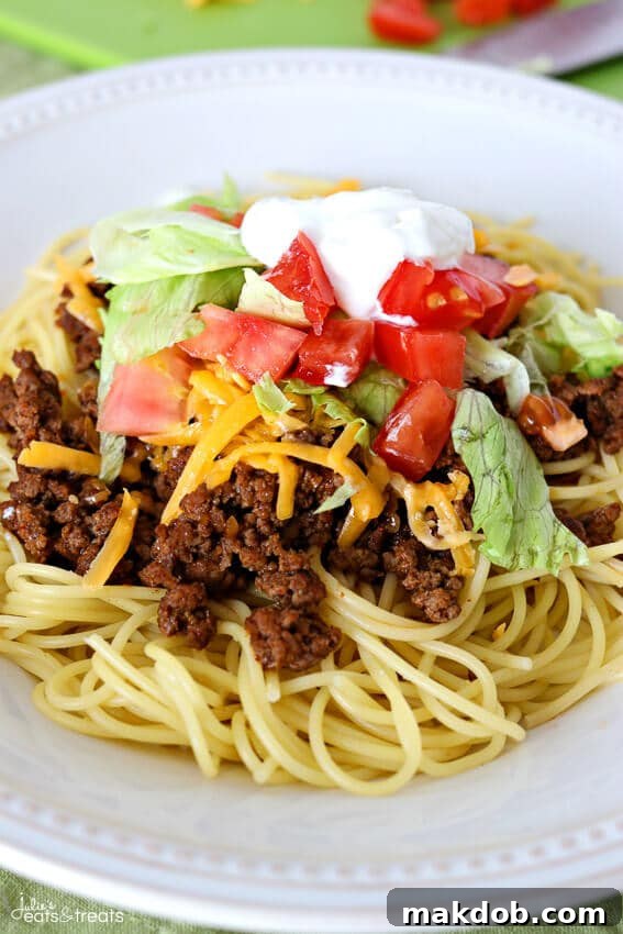 88 Sundays of Stress-Free Eating 6 Fun and flavorful Taco Spaghetti recipe, a unique twist on two family favorites.