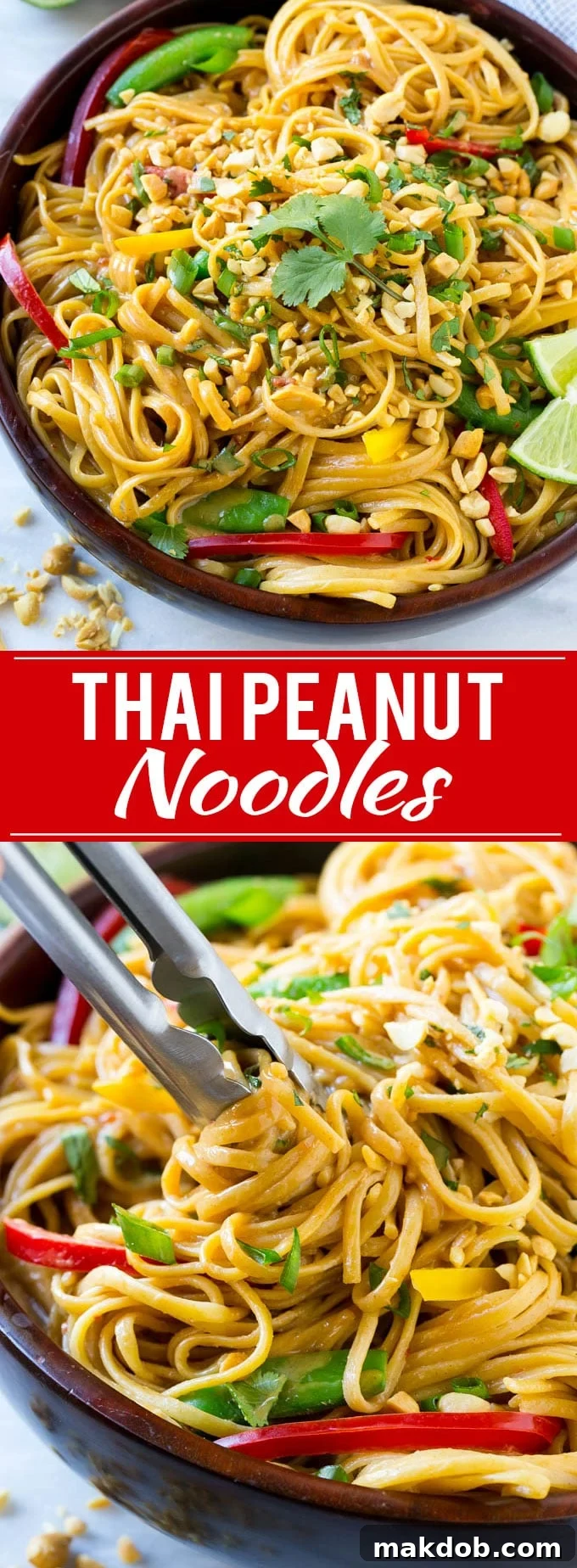 A vibrant bowl of Thai Peanut Noodles, an Asian noodle dish with homemade peanut sauce and fresh vegetables, perfect for a quick vegetarian dinner or lunch. #noodles #thaifood #peanuts #vegetarian #dinner #lunch #dinneratthezoo