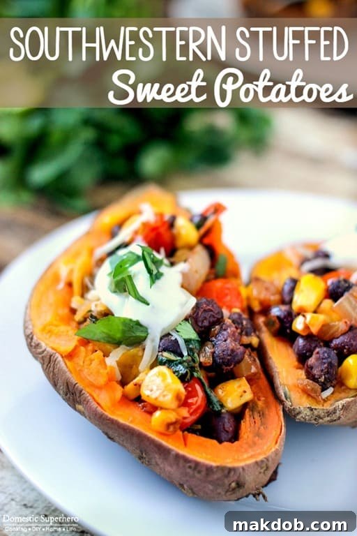 Hearty Southwestern stuffed sweet potatoes, vibrant and healthy, loaded with colorful beans, corn, and spices for Thursday.