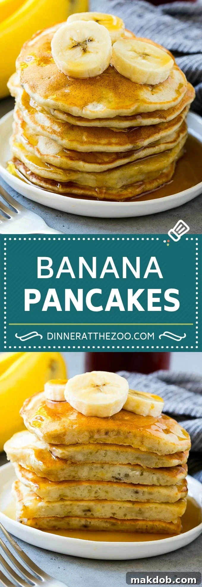 Delicious Banana Pancakes for Breakfast or Brunch Banana Pancakes Recipe - Long Pin Image for Pinterest. Fluffy, easy pancakes perfect for breakfast or brunch.