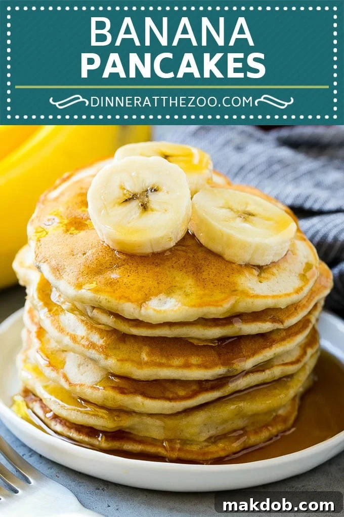 Simple & Fluffy Banana Pancakes Easy Banana Pancakes - Short Pin Image for Pinterest. A simple and quick pancake recipe.