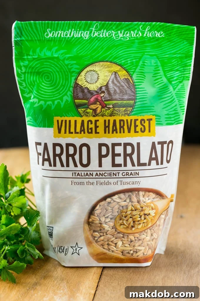 A package of Village Harvest Farro, highlighting the premium ancient grain used in the soup.