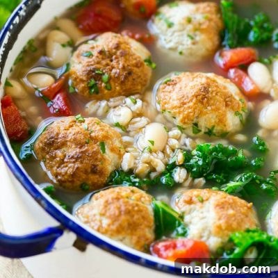 This hearty farro soup recipe is filled with turkey meatballs, white beans and kale. It's the perfect easy and nutritious dinner option!