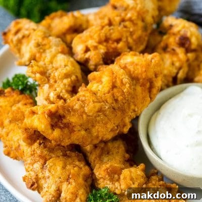 Golden Crispy Chicken Strips 2 Chicken fingers on a serving plate with a side of ranch.