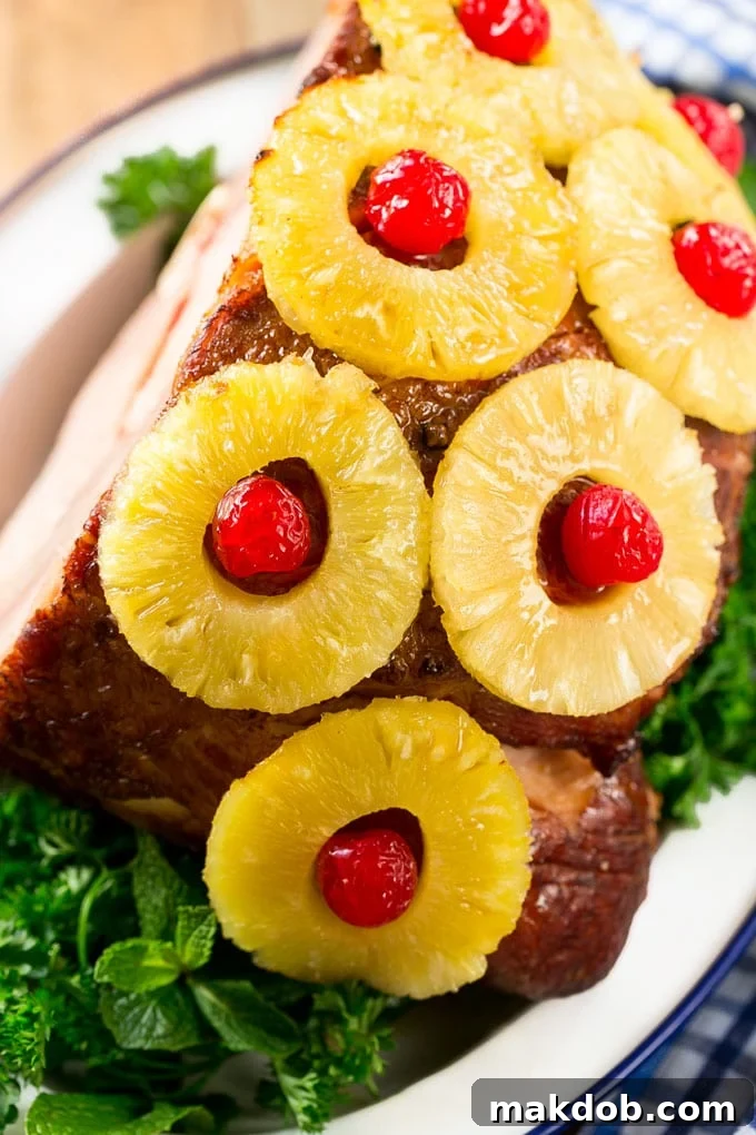 Pineapple Cherry Glazed Ham 3 A close up of a perfectly glazed ham covered in pineapple and cherries, showing the intricate scoring.