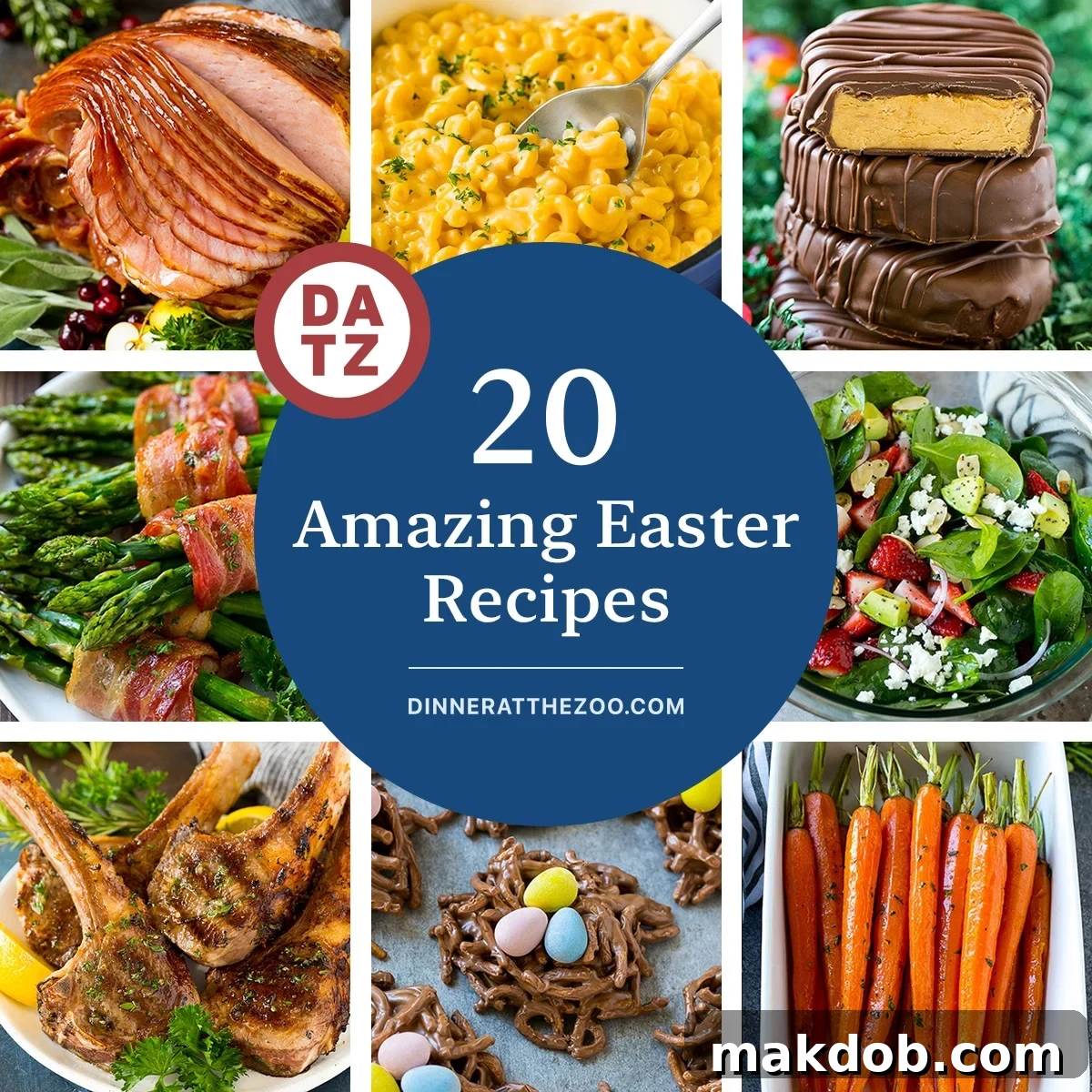 20 Festive Easter Delights 2 A group of images showcasing amazing Easter recipes including honey roasted carrots, grilled lamb chops, and creamy stovetop mac and cheese.
