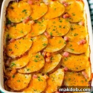 A casserole dish of scalloped potatoes and ham, topped with melted cheese and parsley.