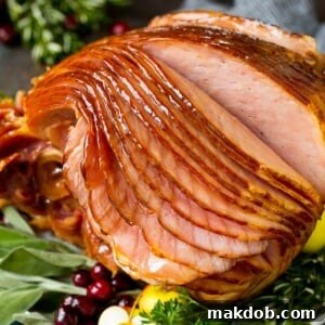 An Instant Pot ham served on a platter with herbs and fruit.