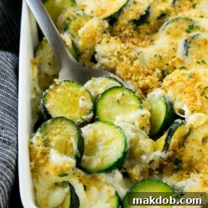 Zucchini gratin with creamy zucchini, cheese and crispy breadcrumbs.