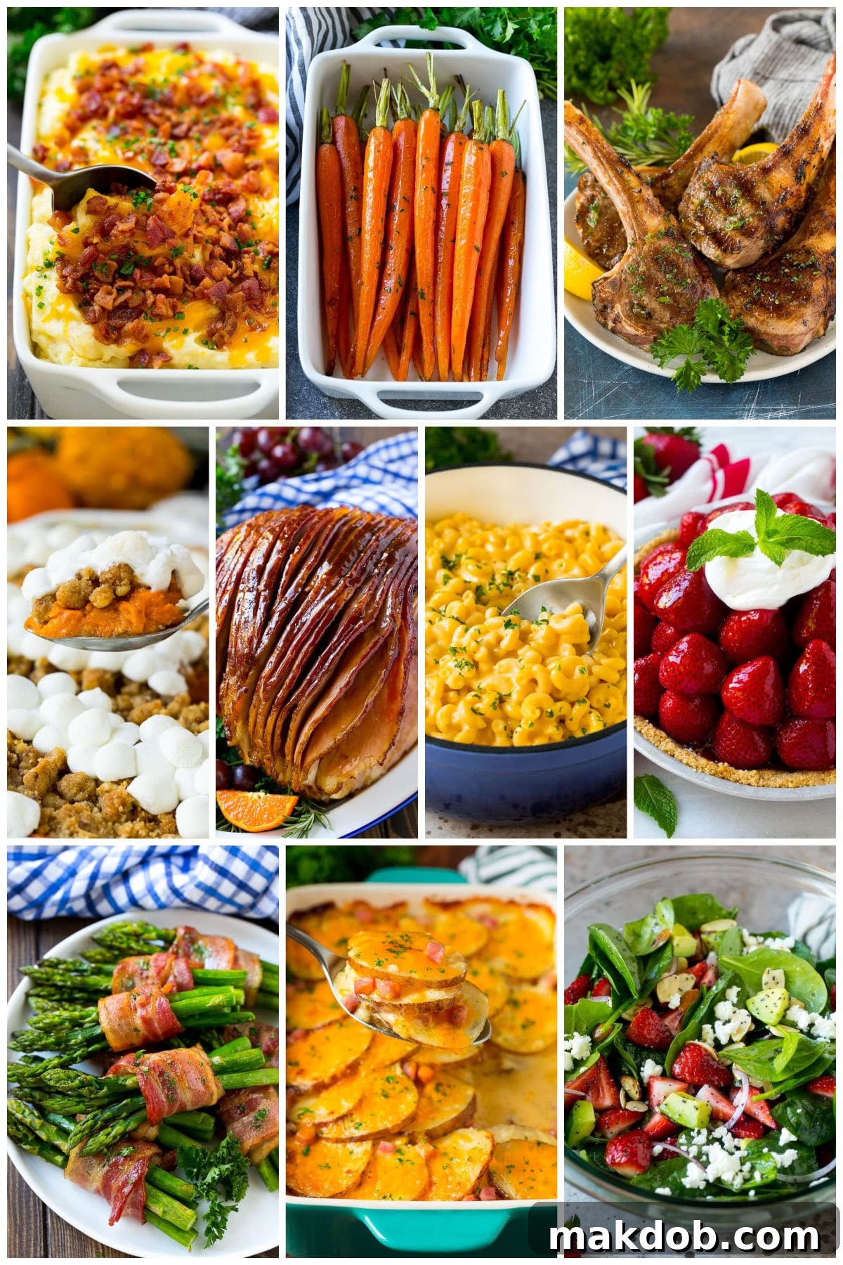 Easter Recipes: Main Courses, Side Dishes, and Desserts for Your Holiday Table A photo collage of festive Easter recipes including creamy stovetop mac and cheese and a sweet potato casserole.