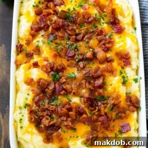 Loaded mashed potato casserole topped with melted cheese, bacon and herbs.