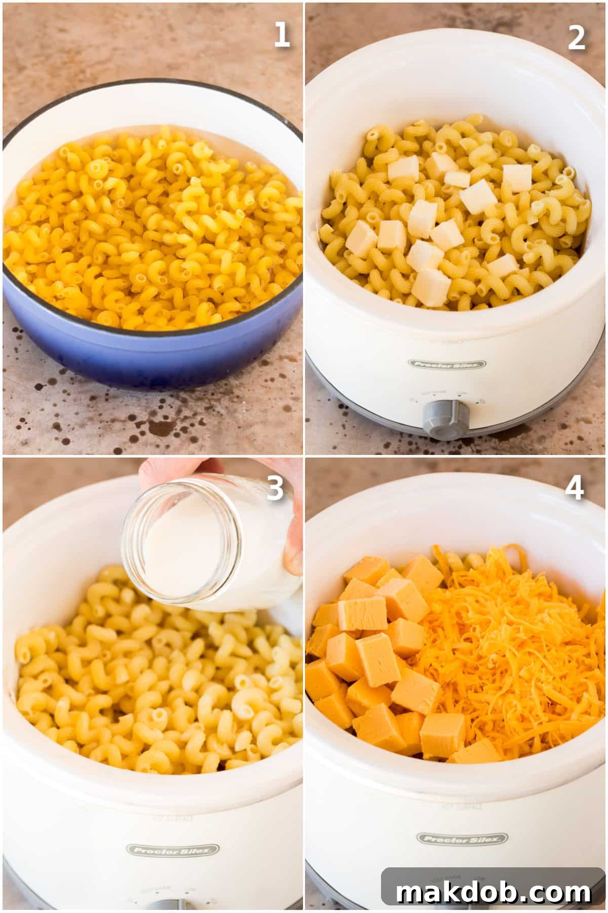 Step by step shots showing how to cook pasta and mix it with milk and cheese.