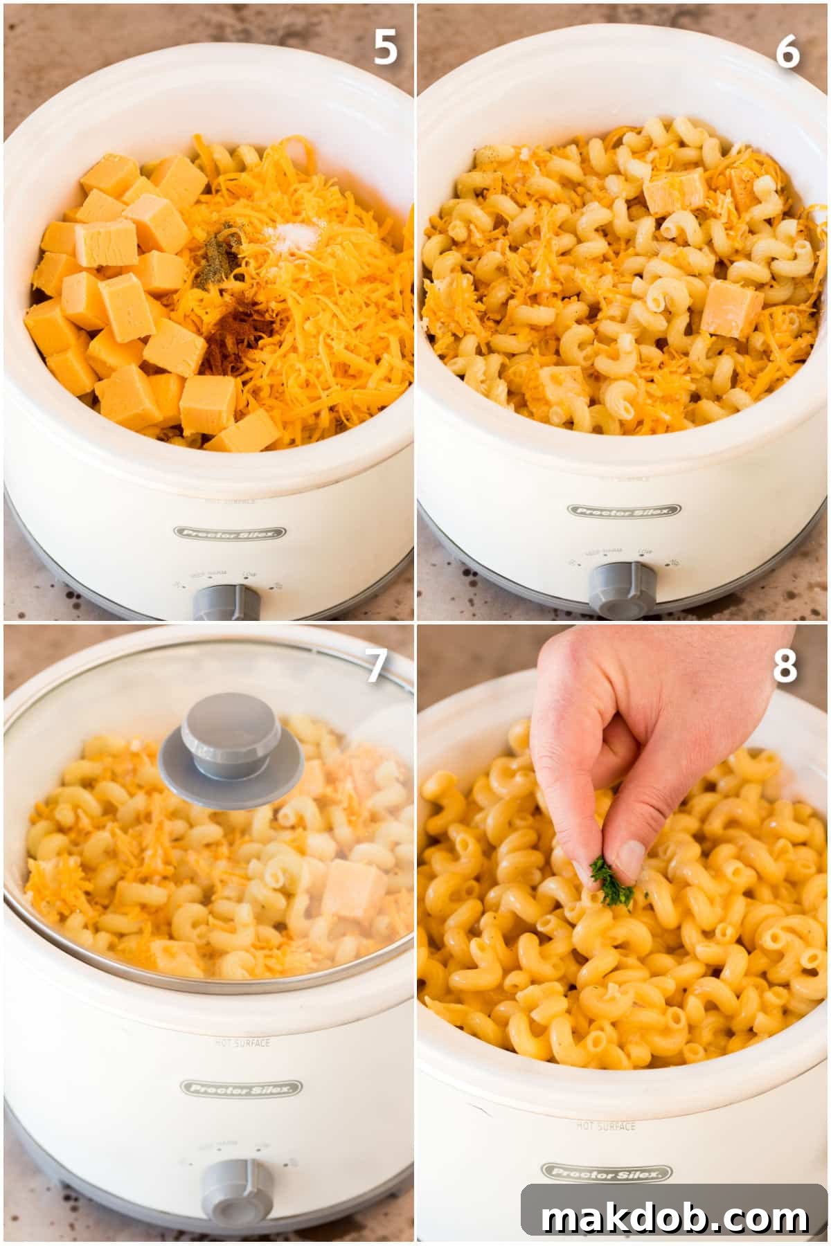 Process shots showing crock pot mac and cheese being made.