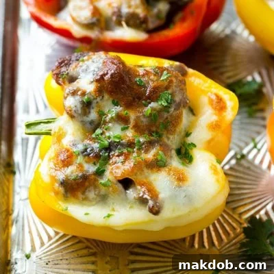 This recipe for Philly cheesesteak stuffed peppers is like the classic sandwich, but without all the carbs! An easy and filling meal that will please the whole family.