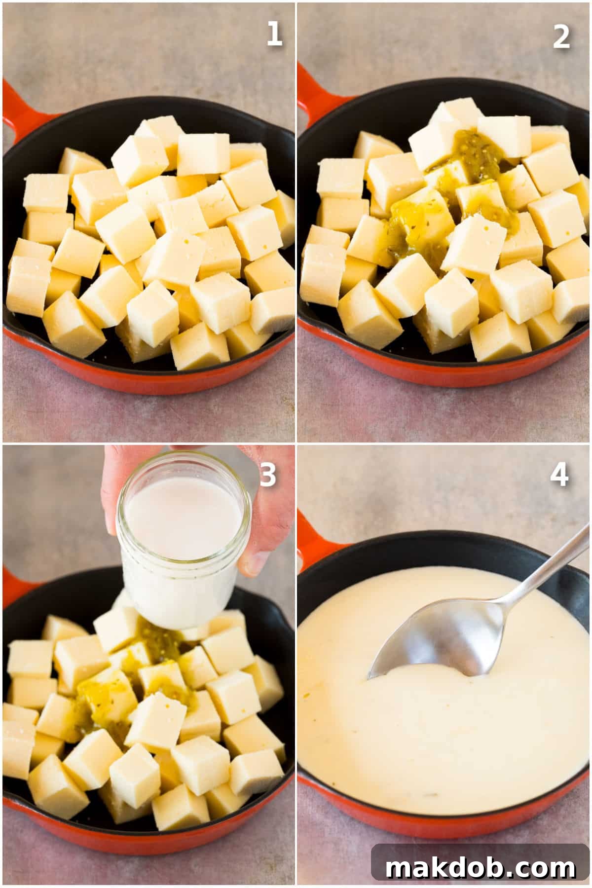 Velvety Queso Blanco 4 Step by step process shots showing how to make cheese dip.