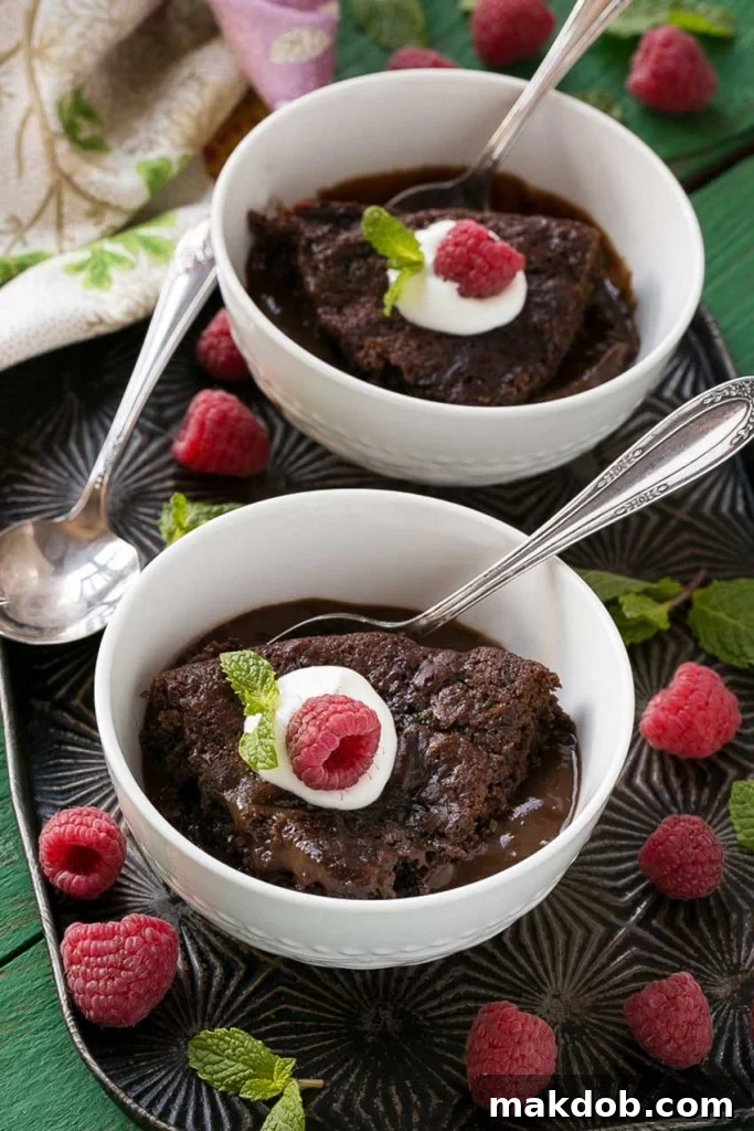 A slice of warm chocolate pudding cake with a molten chocolate sauce bottom, garnished with berries and mint.