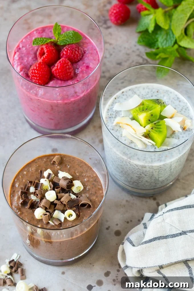 Three types of chia pudding with assorted garnishes.