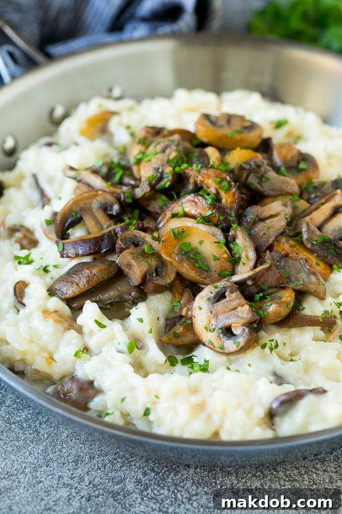 Mushroom Risotto Recipe | Mushroom Rice | Easy Risotto A skillet of mushroom risotto topped with seared mushrooms and parsley.
