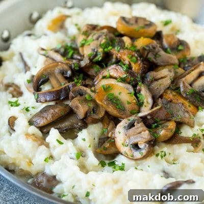 A skillet of mushroom risotto topped with seared mushrooms and parsley.
