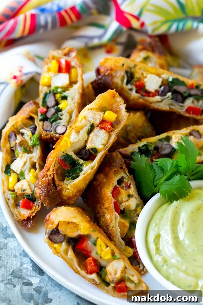 Easy Southwestern Egg Rolls Recipe Crispy Southwestern egg rolls filled with savory chicken, black beans, corn, peppers, and melted Monterey Jack cheese, served hot as an ultimate party appetizer.