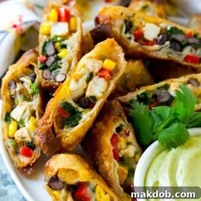 Fiesta Rolls 2 These Southwestern egg rolls are loaded with a colorful variety of vegetables, chicken, beans and plenty of melty cheese, all wrapped up in a crispy roll. The ultimate party appetizer!