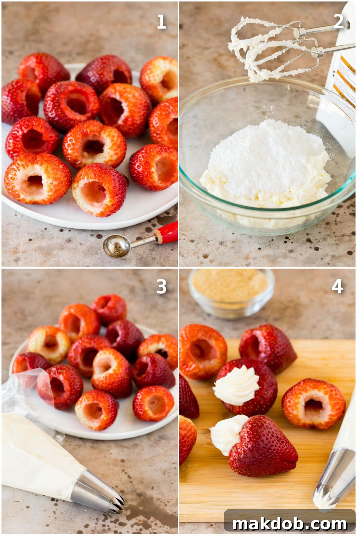 Strawberry Cheesecake Delights 4 A collage of step-by-step images demonstrating how to hollow out strawberries and fill them with cheesecake mixture using a piping bag.