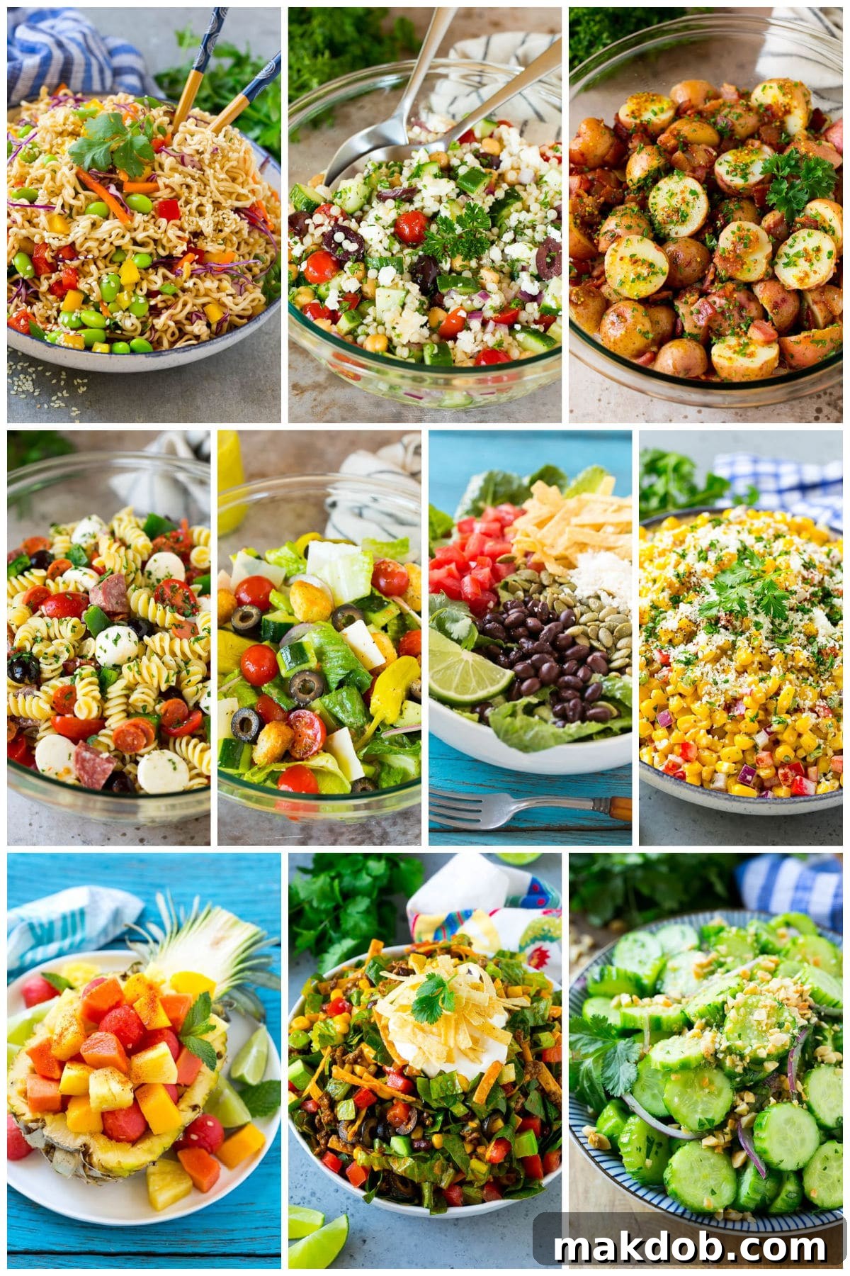 A group of refreshing summer salad recipes such as Mexican corn salad, Thai cucumber salad and Italian salad.
