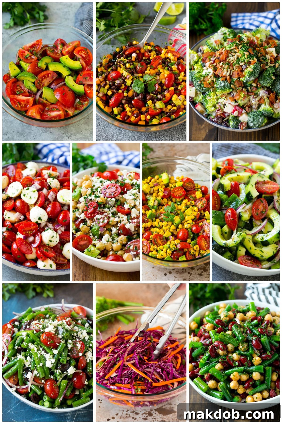 A group of summer salads featuring vegetables like chickpea salad, red cabbage slaw and cucumber tomato salad.