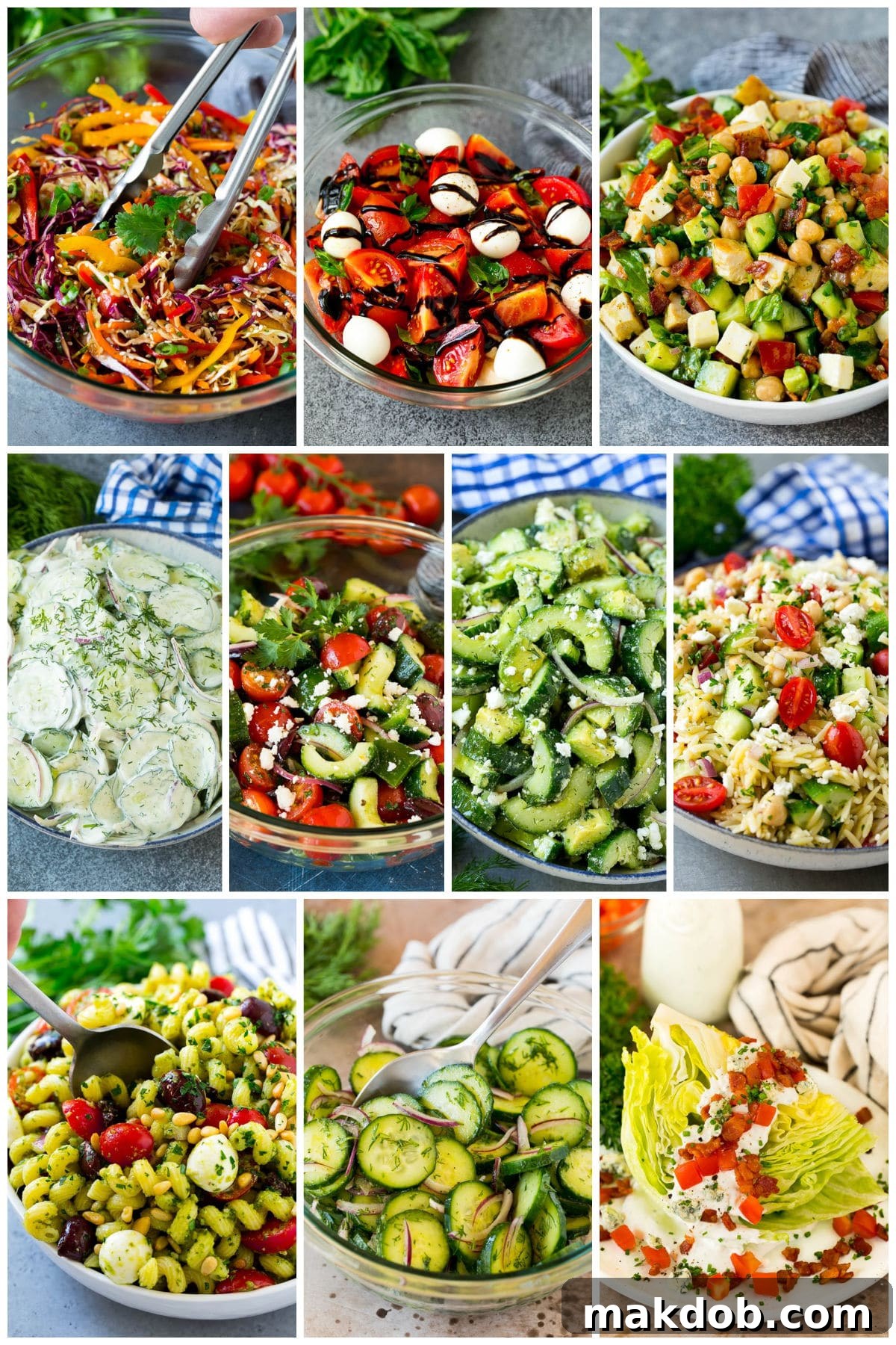 A group of summer salad recipes including favorites like a wedge salad, creamy cucumber salad and pesto pasta salad.