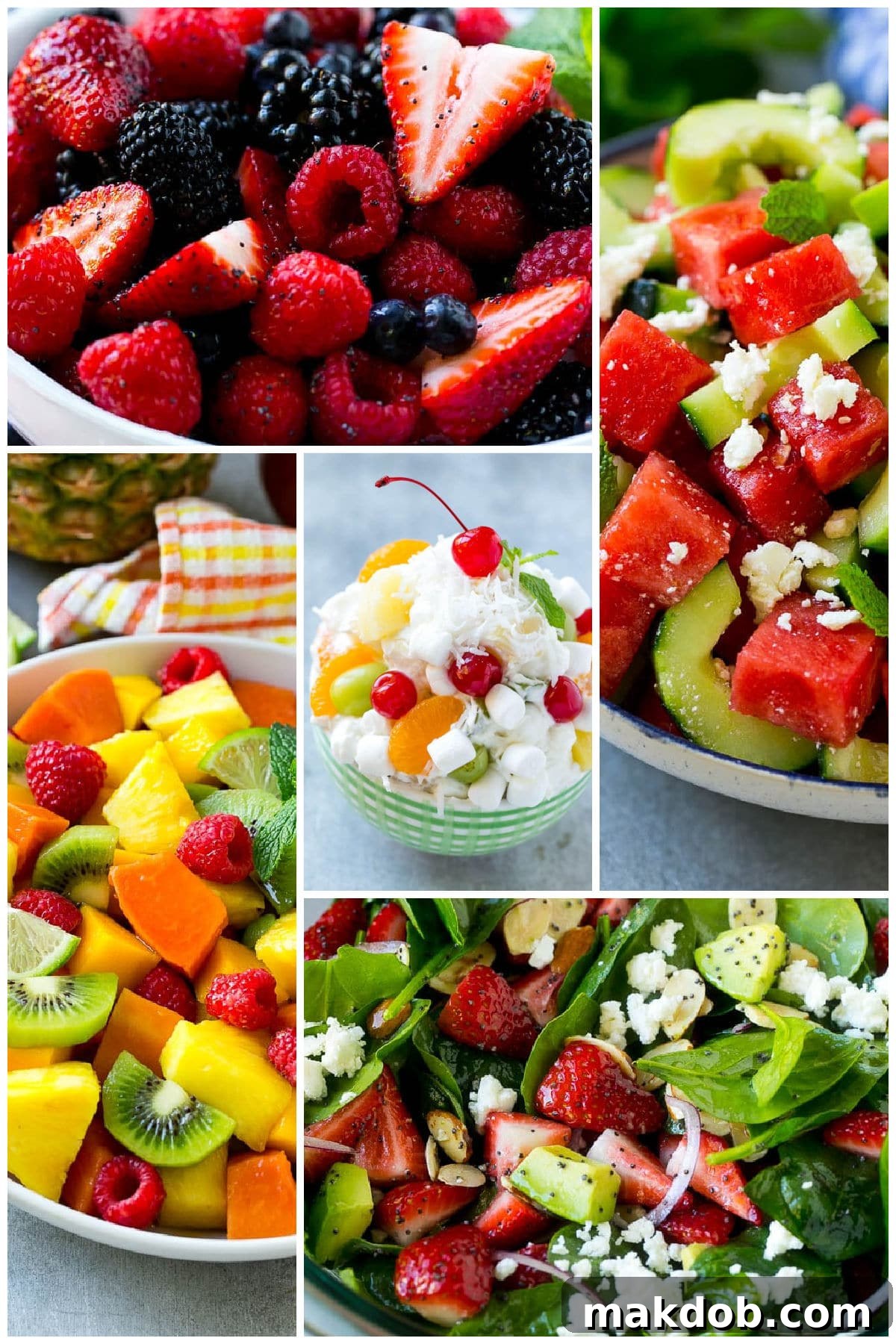 A group of salads featuring fruit like berry fruit salad, strawberry spinach salad and ambrosia salad.