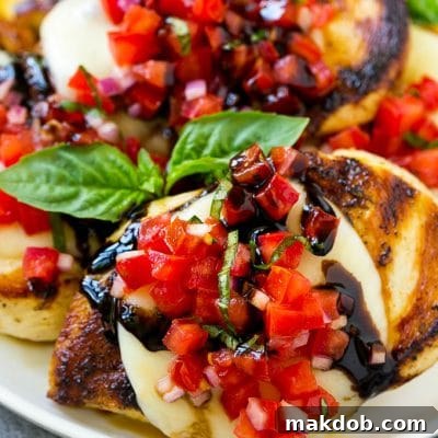Grilled bruschetta chicken topped with melted mozzarella cheese, tomato basil bruschetta and a drizzle of balsamic glaze.