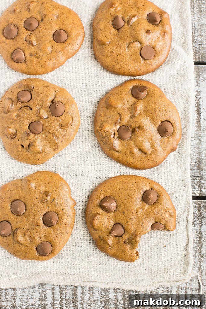 Seriously Gooey Flourless Chocolate Cookies 5 A close-up of a stack of warm, soft, and chewy flourless chocolate chip cookies, rich with melted chocolate.
