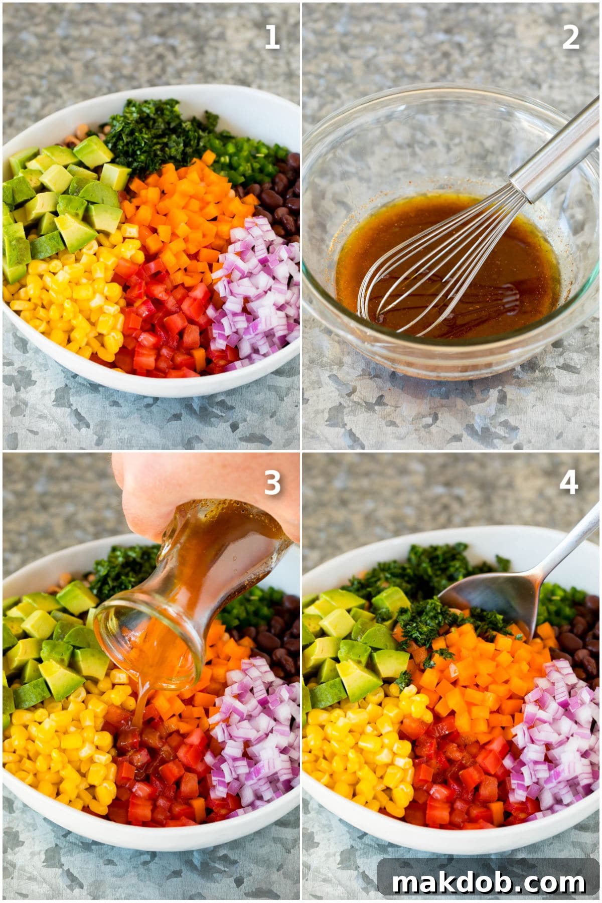 Fiesta Bean Salad 5 Process shots showing how to make cowboy caviar.