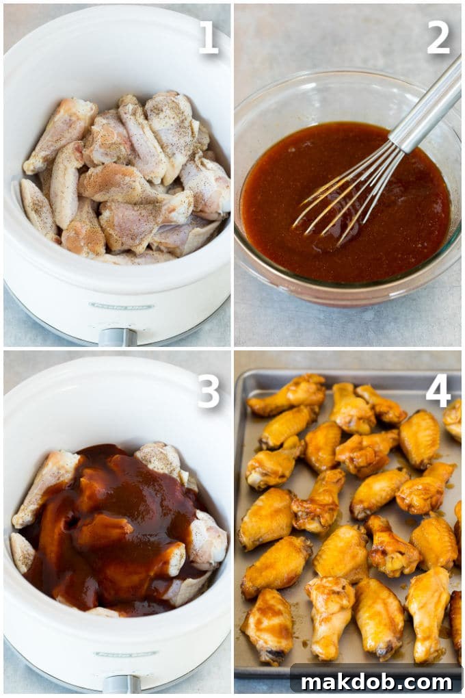 Fall-Off-The-Bone Slow Cooker Wings 3 Wings in a crock pot with homemade sauce poured over the top then on a sheet pan to broil.