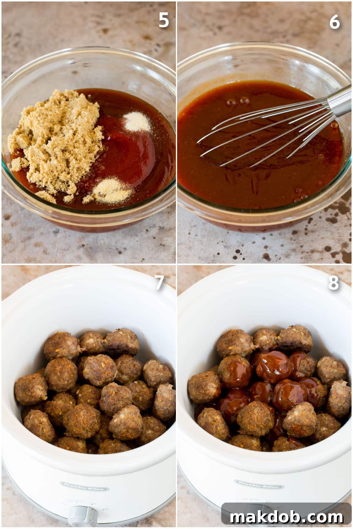 Slow-Cooker BBQ Meatball Magic 5 Process shots showing BBQ sauce being made and poured over meatballs.