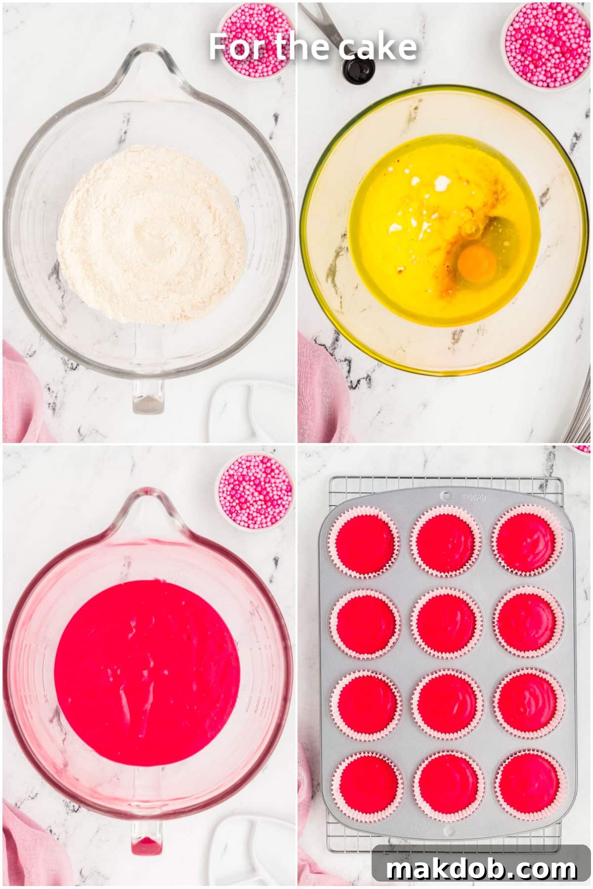 Blushing Cupcakes with Creamy Dream Topping 4 Process shots showing how to make cupcake batter.