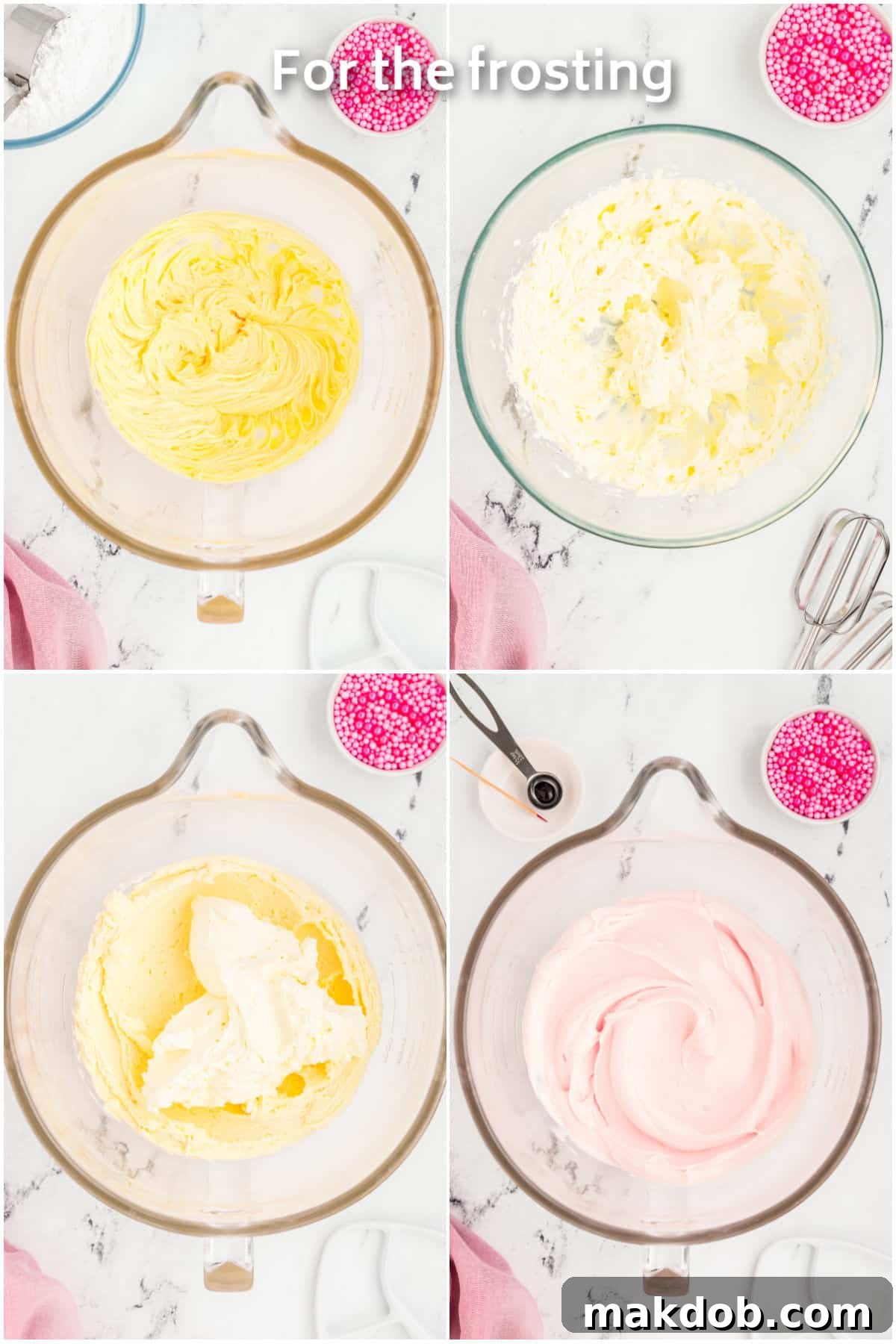 Blushing Cupcakes with Creamy Dream Topping 5 Butter, cream cheese and powdered sugar in a mixing bowl to make frosting.