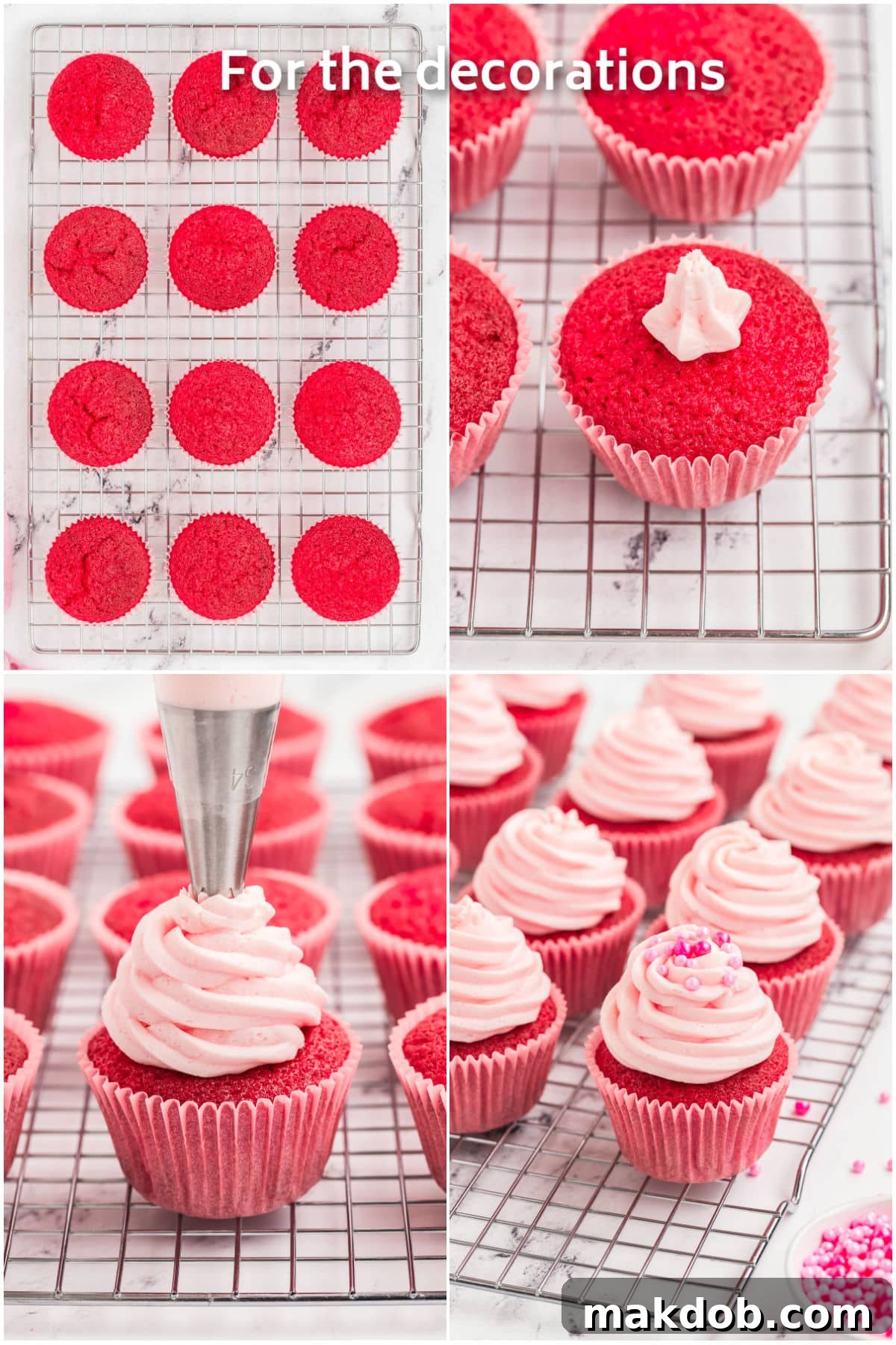 Blushing Cupcakes with Creamy Dream Topping 6 A piping bag adding frosting on top of pink cupcakes.