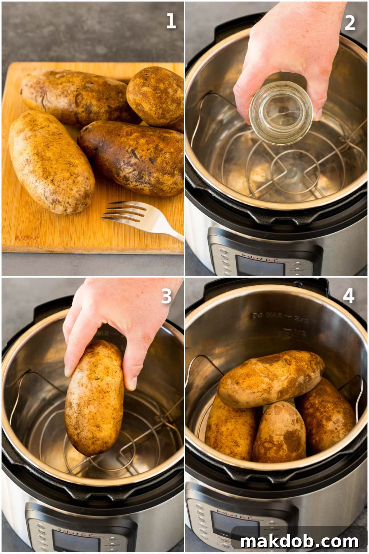 Process shots showing how to cook potatoes in a pressure cooker: scrubbing, pricking, placing on trivet, and removing.