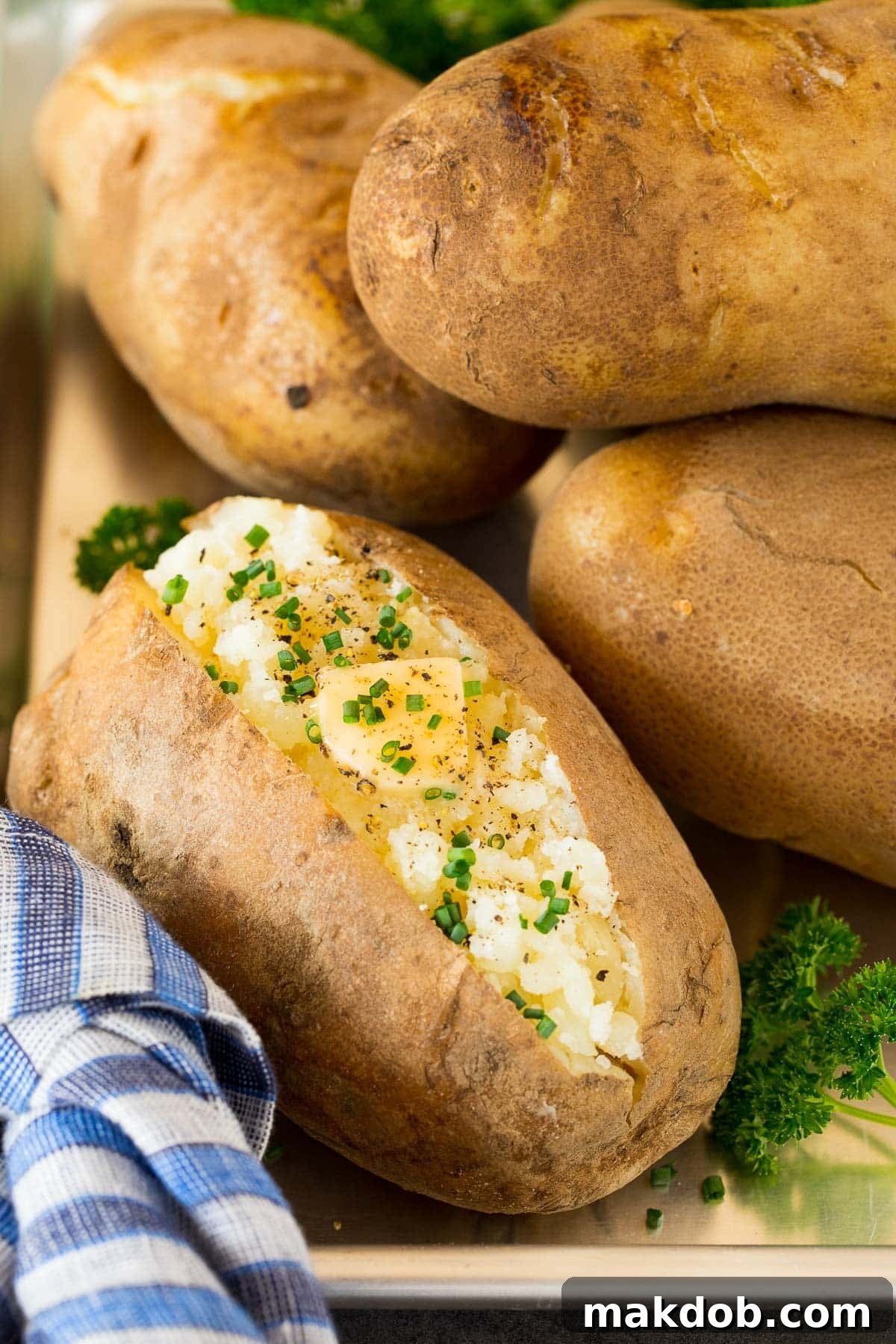 A tray of Instant Pot baked potatoes topped with melted butter and fresh chives, ready to serve.