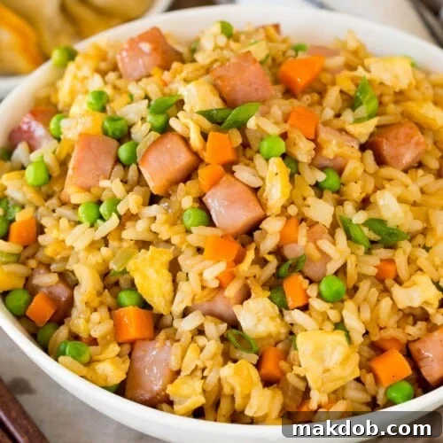 A serving bowl of ham fried rice topped with green onions.