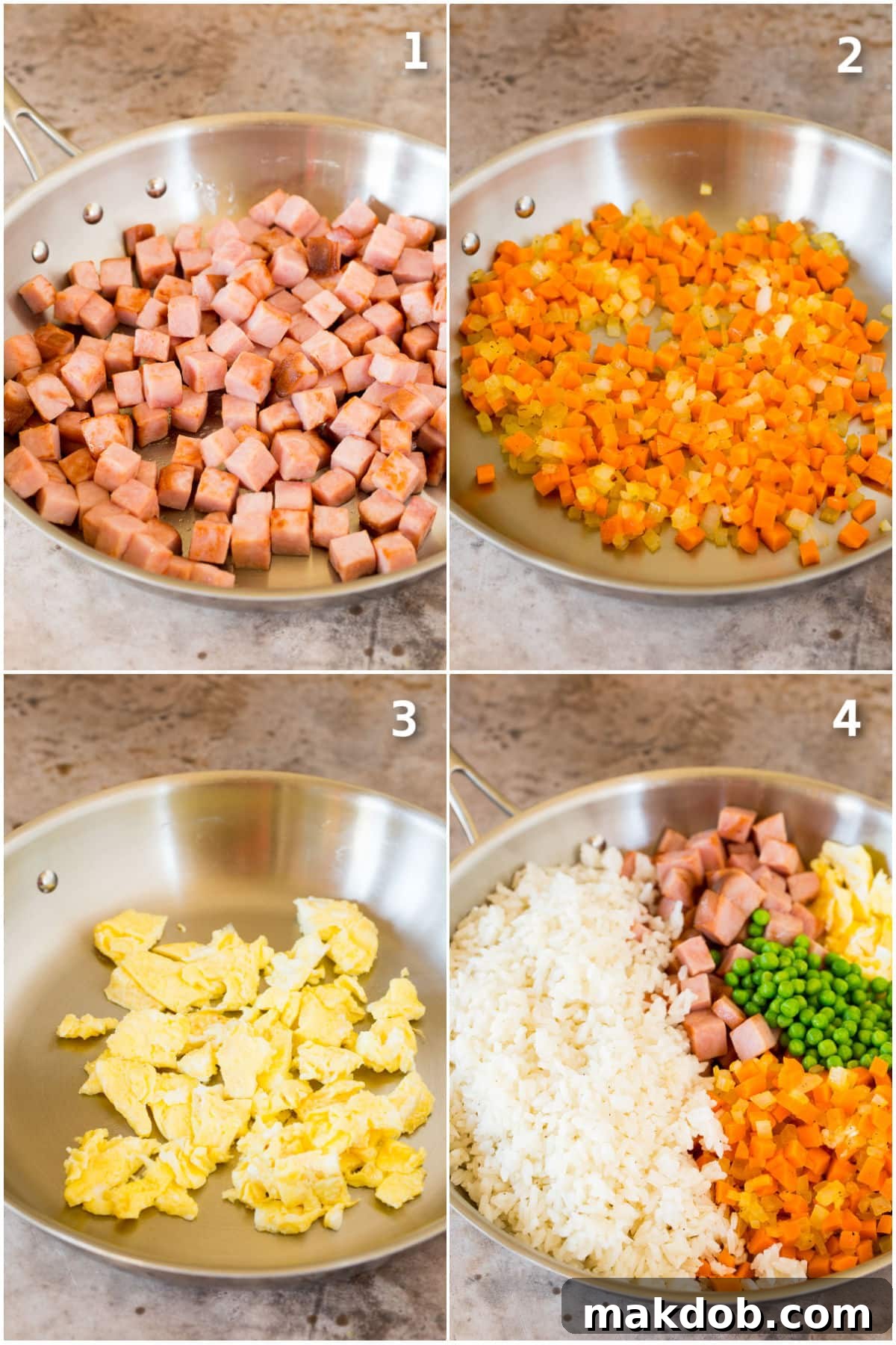 Step by step process shots showing how to make ham fried rice.